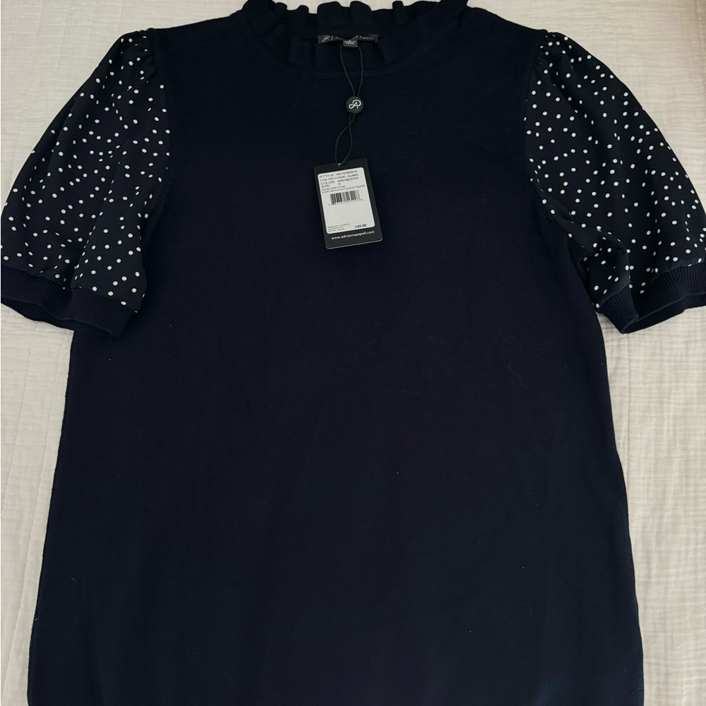 New with tags Adrianna Papell navy blue women’s top with Polla dot sleeves